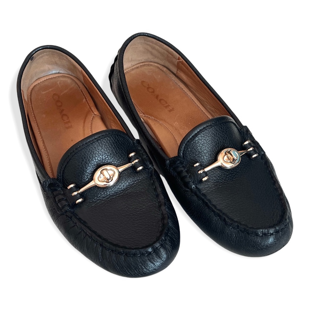 COACH SIZE 7 BLACK LEATHER ARLENE TURNLOCK DRIVER FLATS MOCCASIN OXFORDS $100